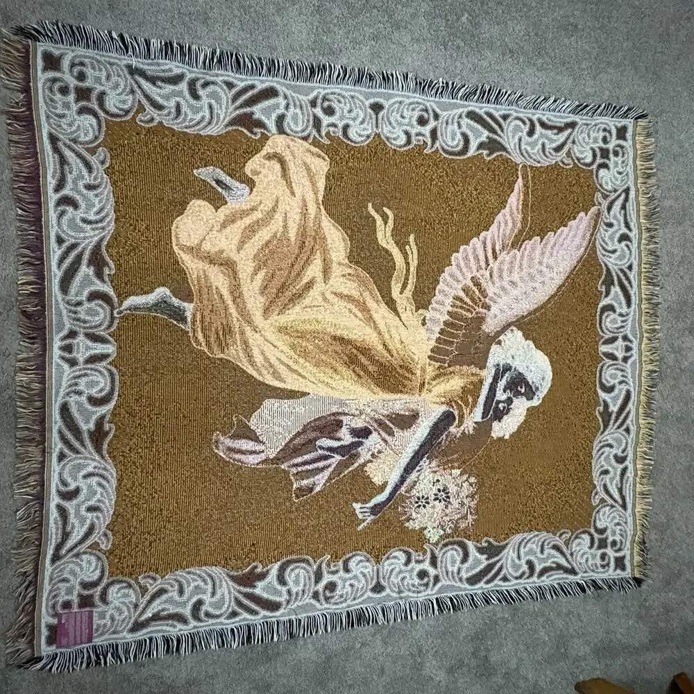 Vintage American Weavers Guardian Angel Throw Tapestry Wall Hanging 48 X 57